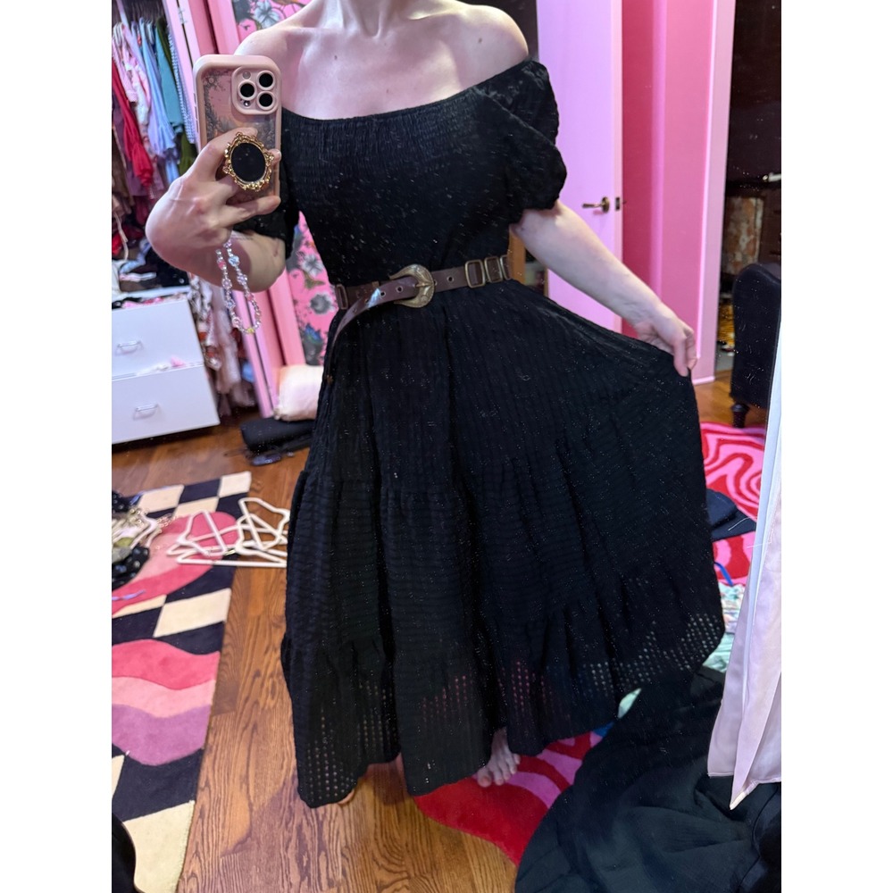 Shein Curve Black Smocked Eyelet Midi Maxi Dress Puff Sleeve Tiered 1XL